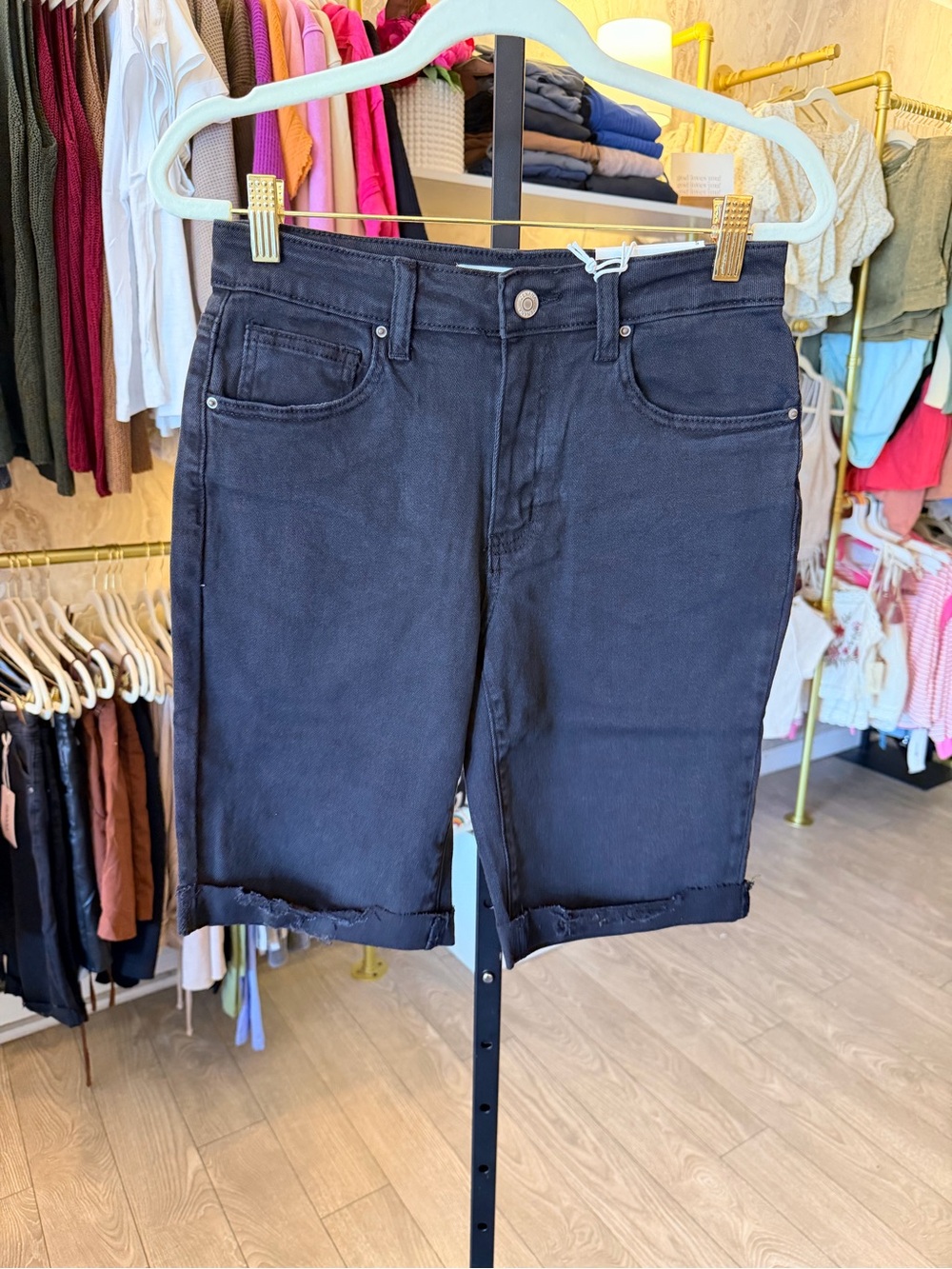 Zenana Outfitters Black Denim Roll-Hem Bermuda Shorts